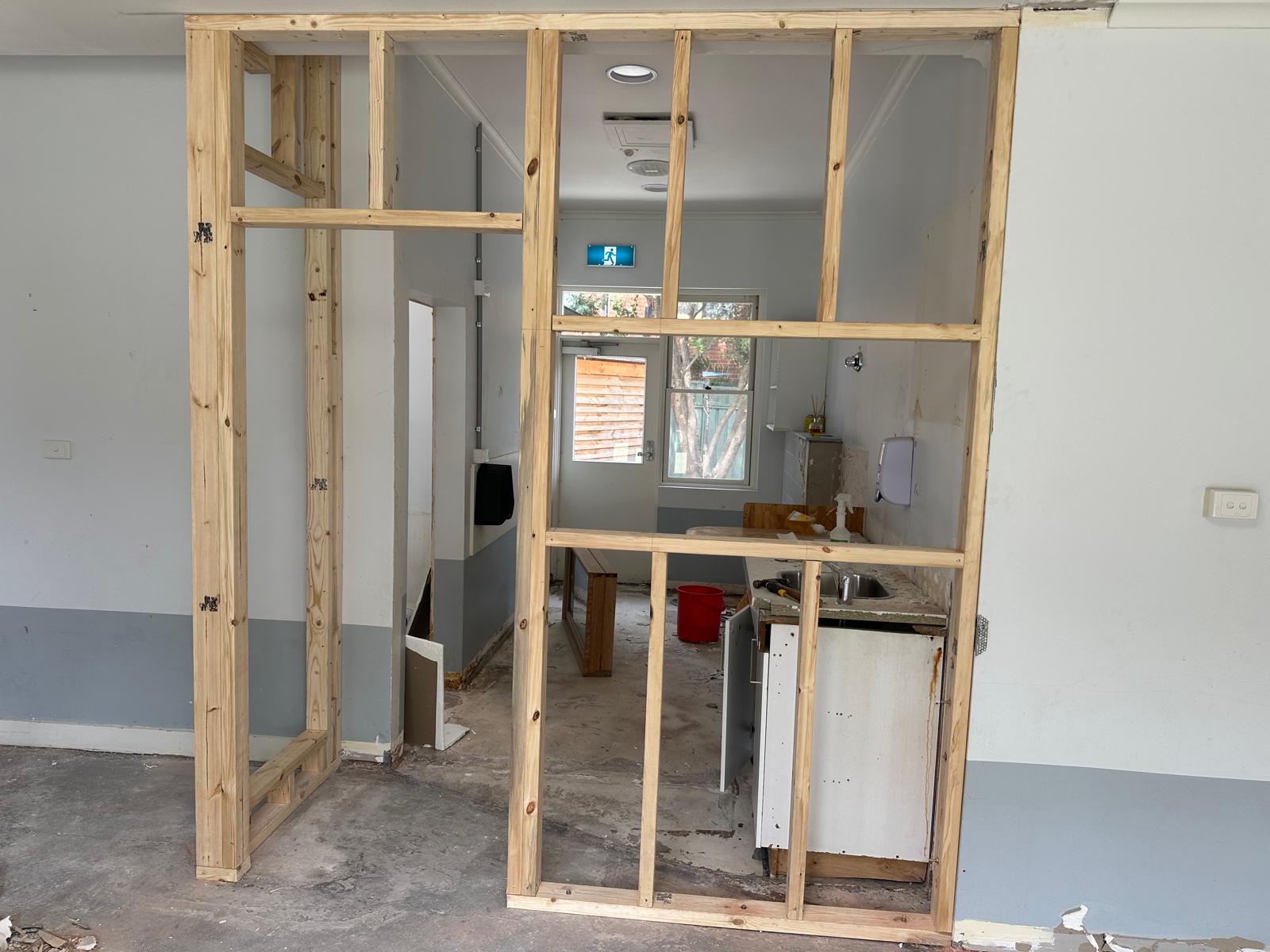 Shop counter timber frame rough-in with nogs